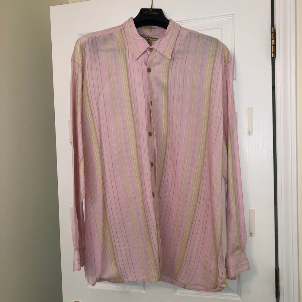 Tommy Bahama Pink Striped Linen Button Down Shirt